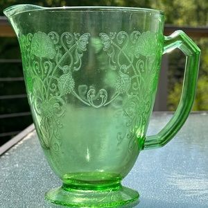 Vintage Uranium Vaseline Green Depression Glass Floral Pitcher